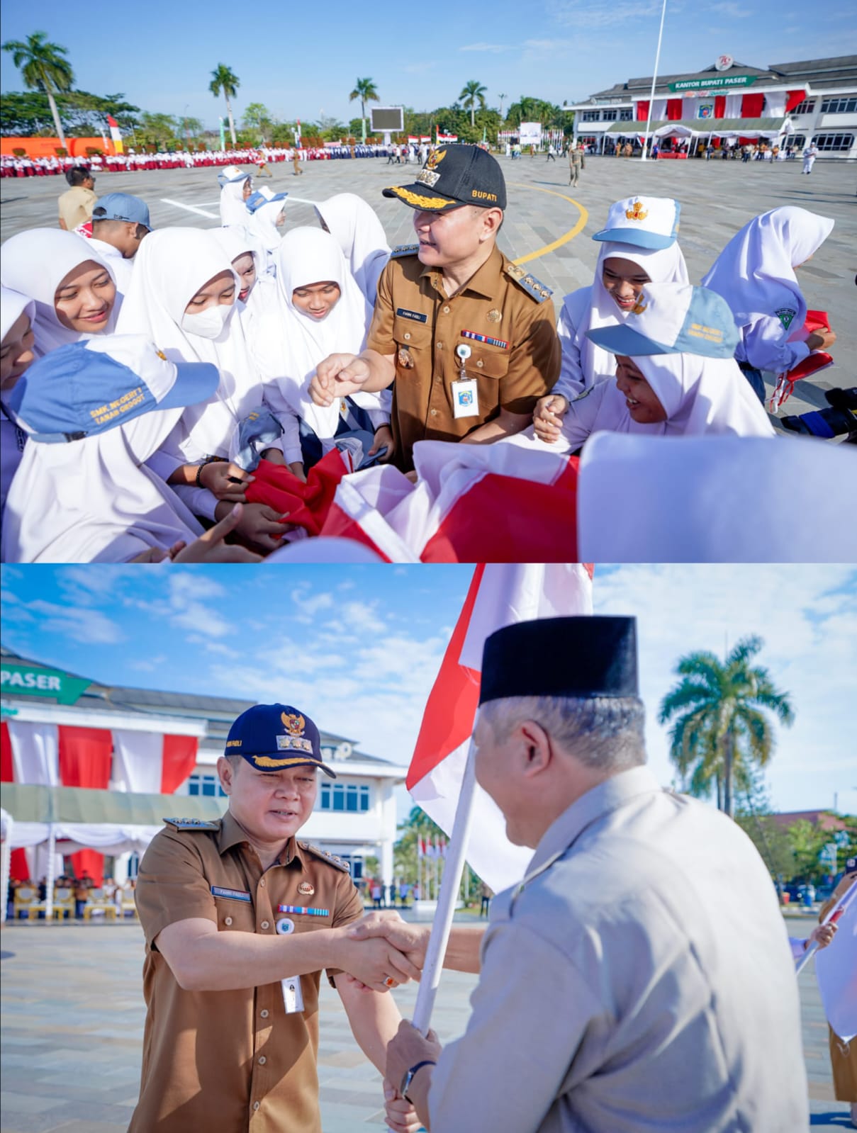 RIBUAN PELAJAR IKUTI APEL PUNCAK GERAKAN PEMBAGIAN BENDERA MERAH PUTIH di HALAMAN KANTOR BUPATI PASER.